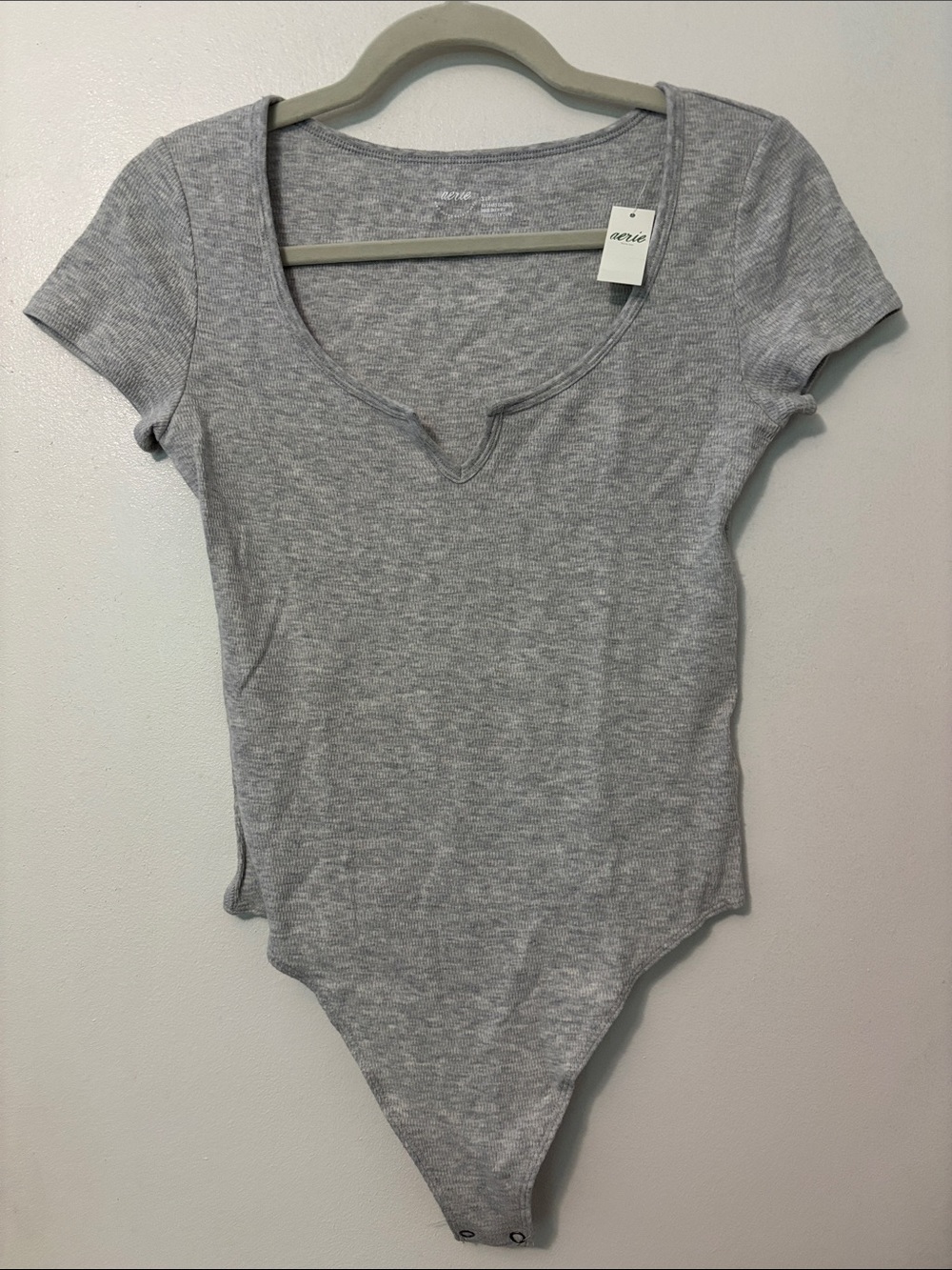 aerie Light Heather Gray Short Sleeve Scoop V-Notch Bodysuit